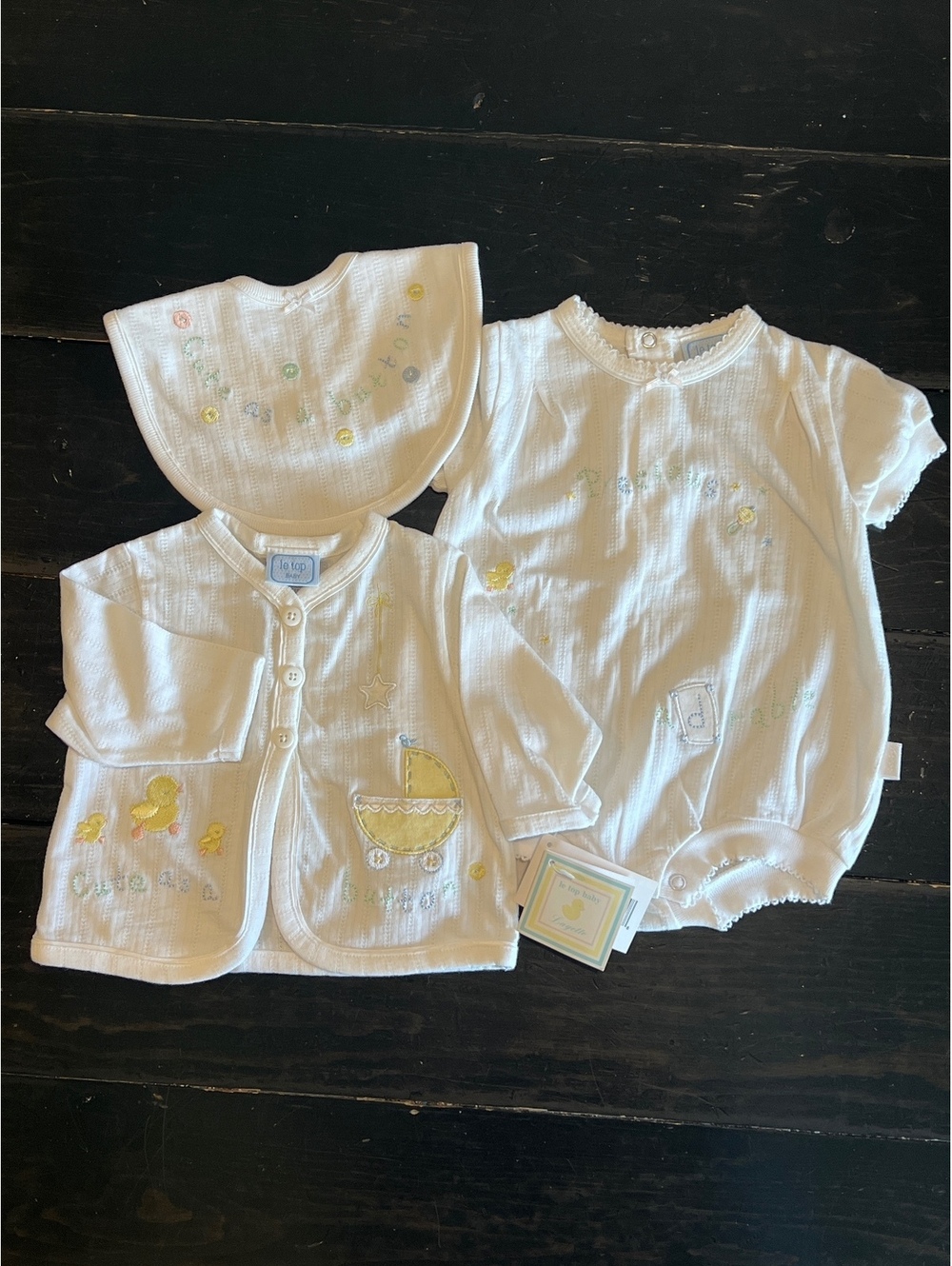 Le Top Baby Layette Set - White Cotton 3-Piece Outfit with Bib and Cardigan
